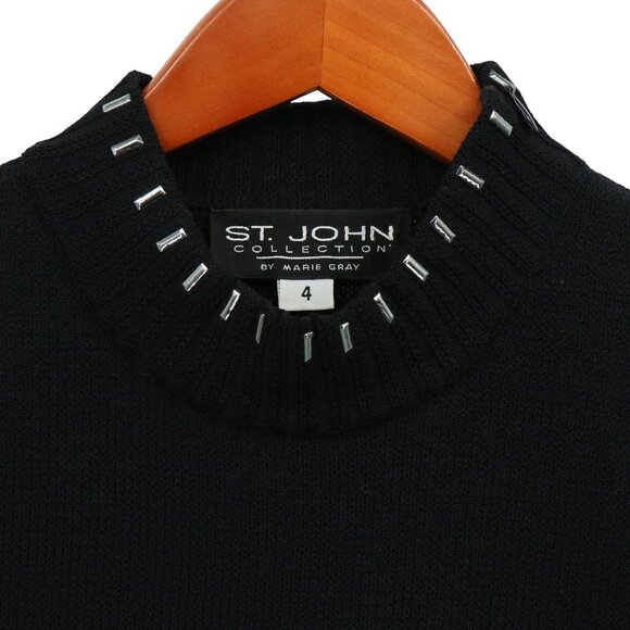 St. John Collection Leather Patch Studded Black Santana Knit Sweater 4 - Picture 2 of 5